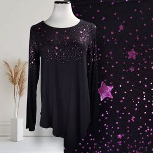 Karen Kane Belita Asymmetric Top Size S Black Rayon Shiny Magenta Star Print